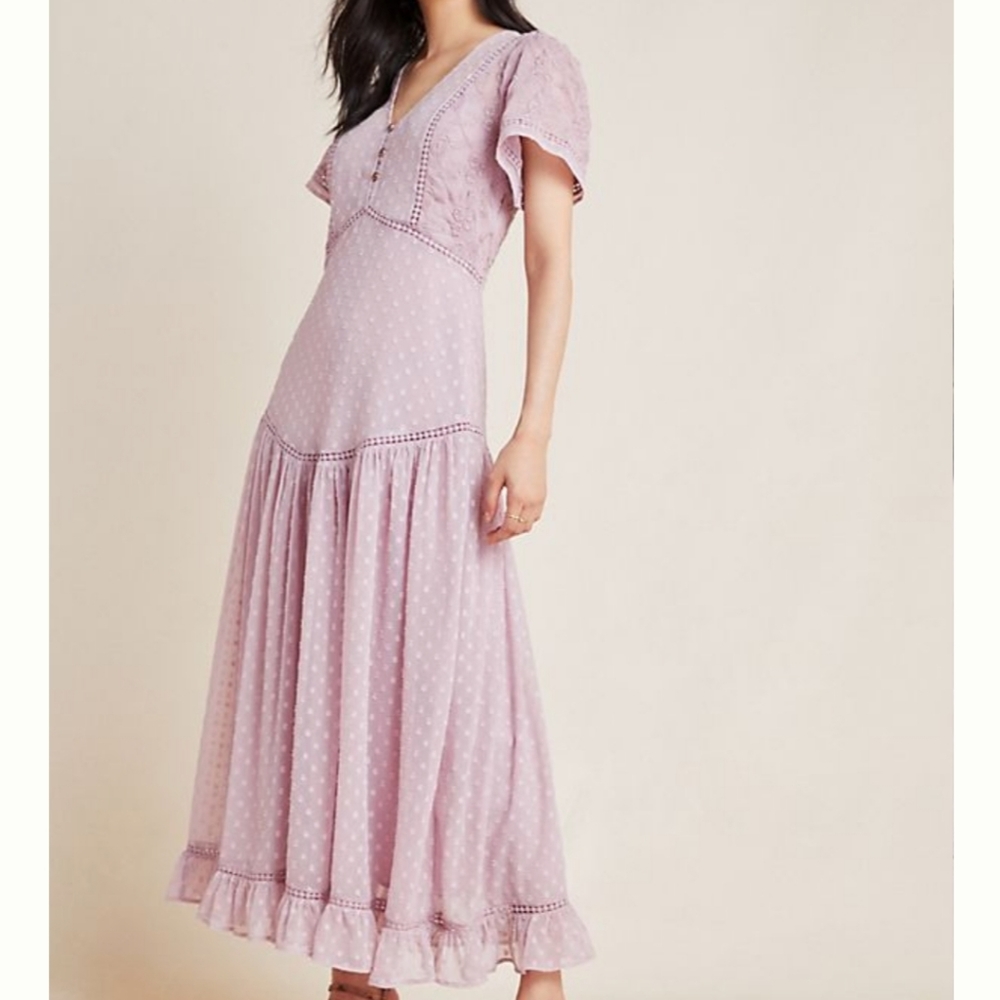 Anthropologie Lilac Polka-Dot Maxi Dress